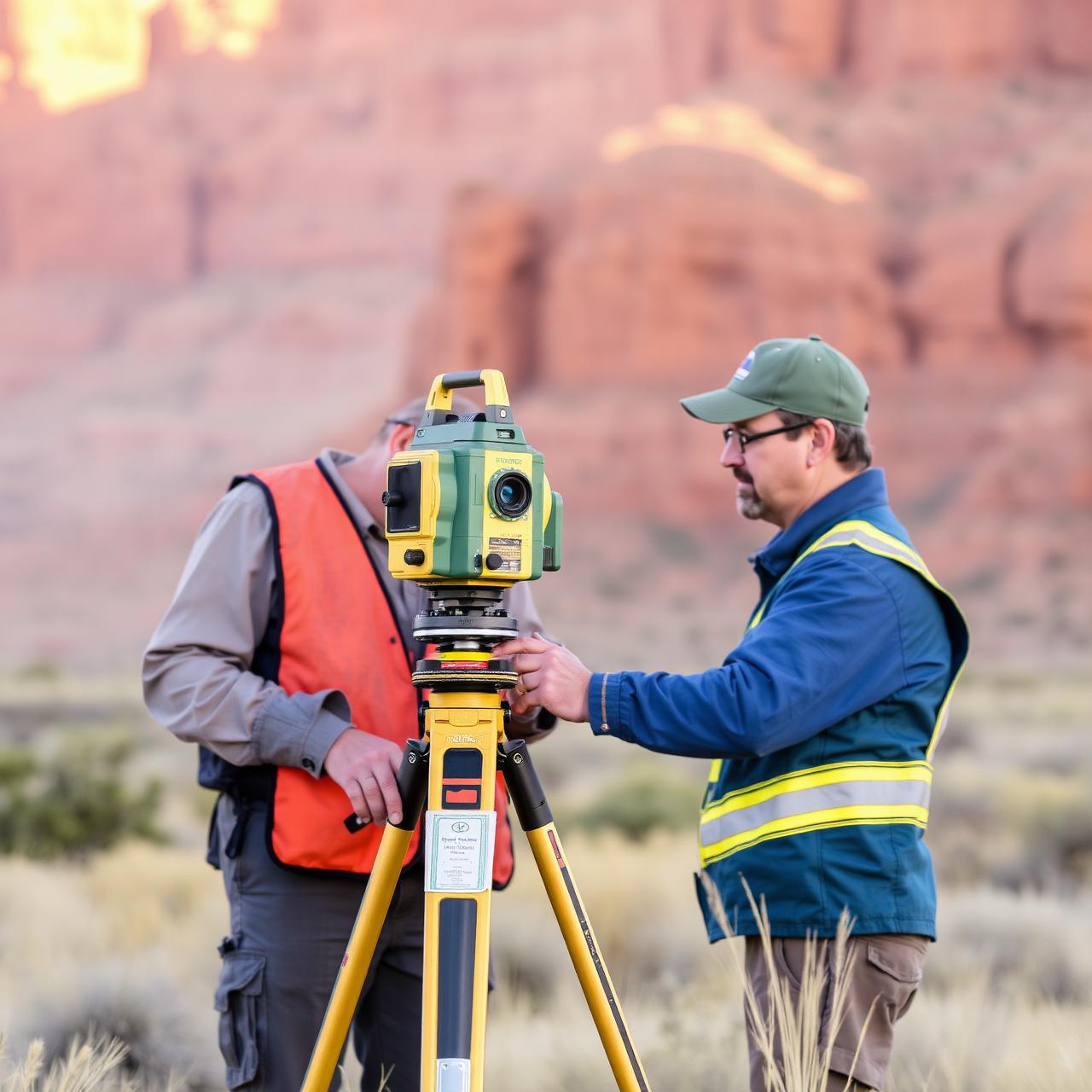 Land surveyors operating a total station in the Utah desert